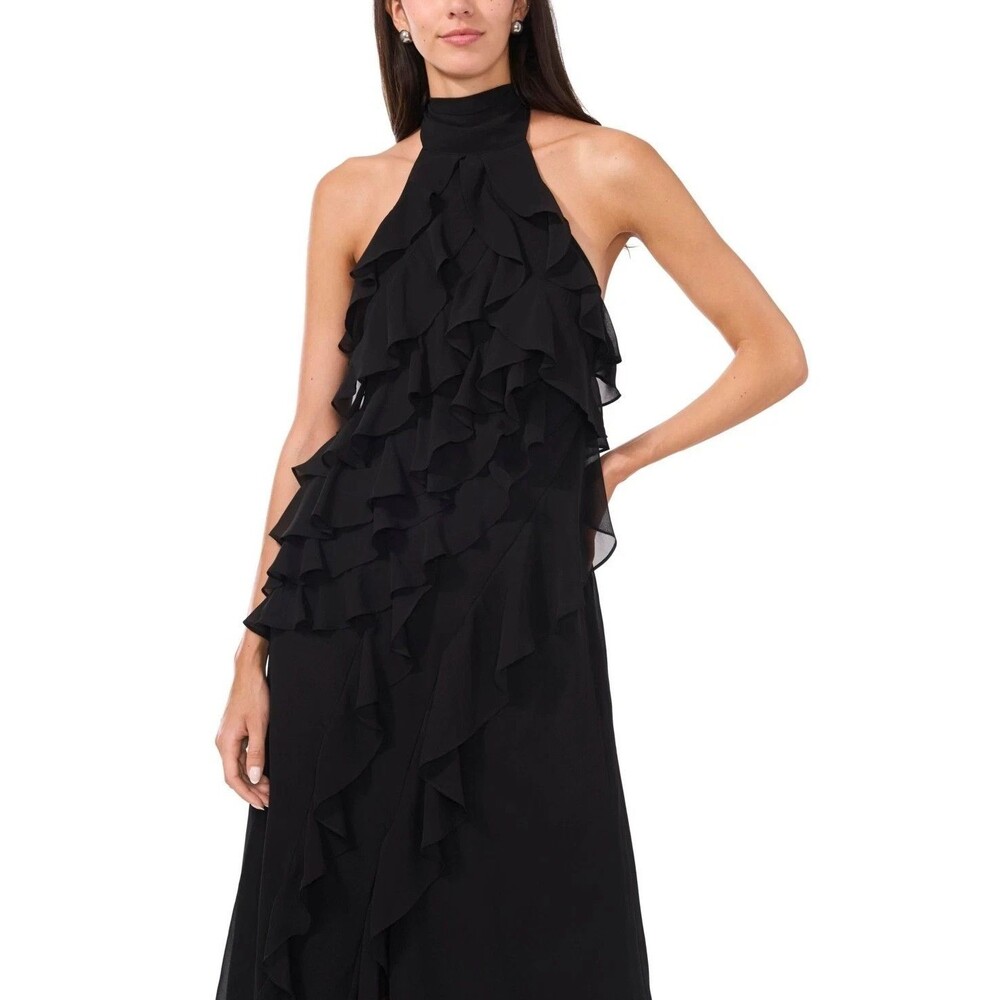 CeCe Women's Chiffon Sleeveless Ruffled Long Halter Dress Rich Black Size 4 - Picture 2 of 13